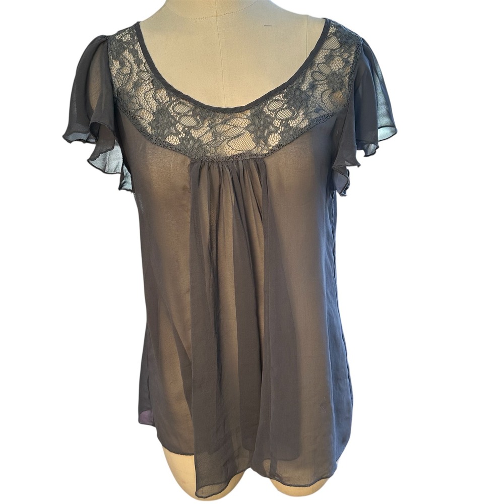 Sheer Lace Chiffon Top Womens Medium Gray Boho Romantic Flutter Sleeve Dmbm